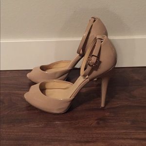 Nude peep toe ankle strap heels